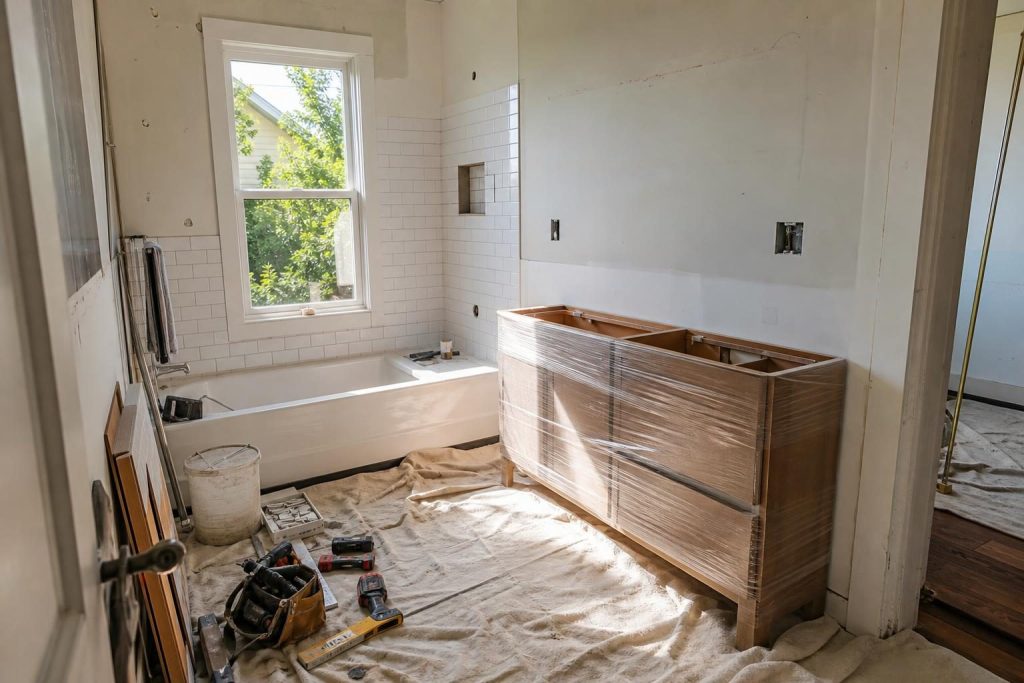 Bathroom remodeling project in progress showing new tile installation and materials in a Berkeley home